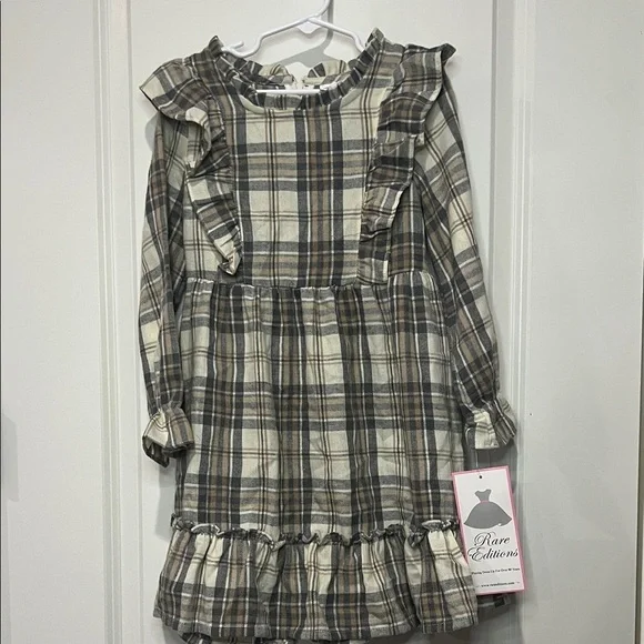 RARE EDITIONS long sleeve dress gray, beige, & tan with ruffles - Picture 2 of 7